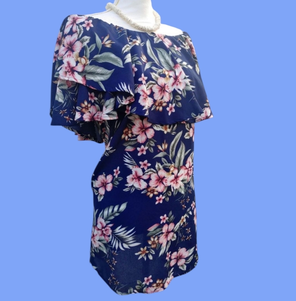 Blooms In The City Off-Shoulder Dress - Navy With Pink & Purple Tropical…